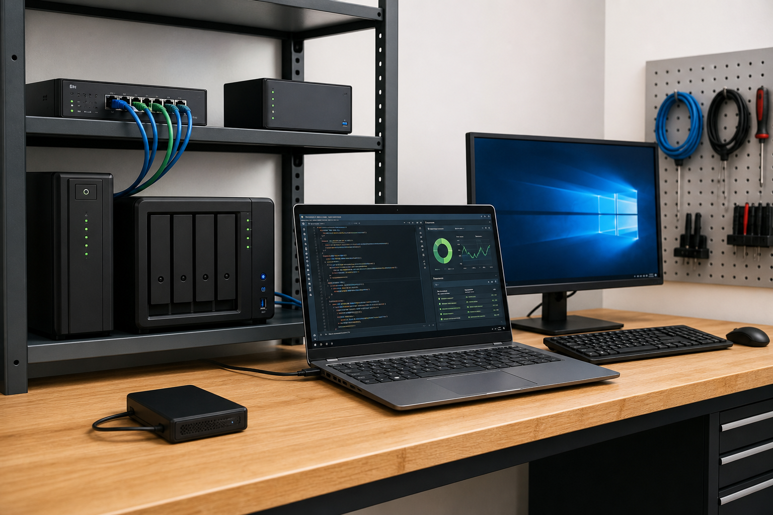 Organized IT workbench with server hardware, network equipment, laptop, and Windows workstation